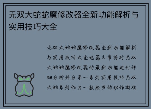 无双大蛇蛇魔修改器全新功能解析与实用技巧大全