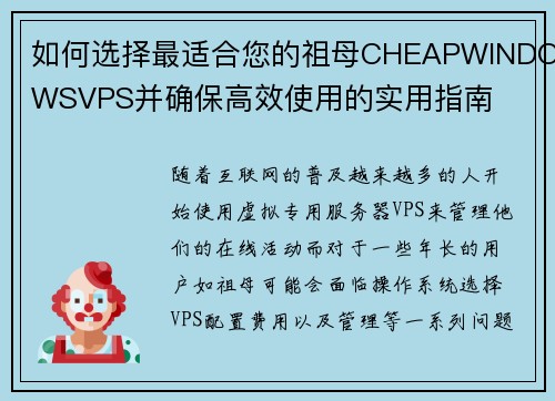 如何选择最适合您的祖母CHEAPWINDOWSVPS并确保高效使用的实用指南